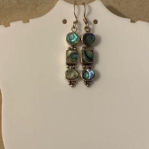Vintage 925 Sterling Silver Abalone Stone Dangle Earrings